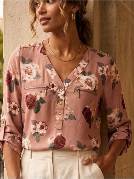 Justify Tops - Justify Rose Floral V-Neck Blouse in Dusty Rose